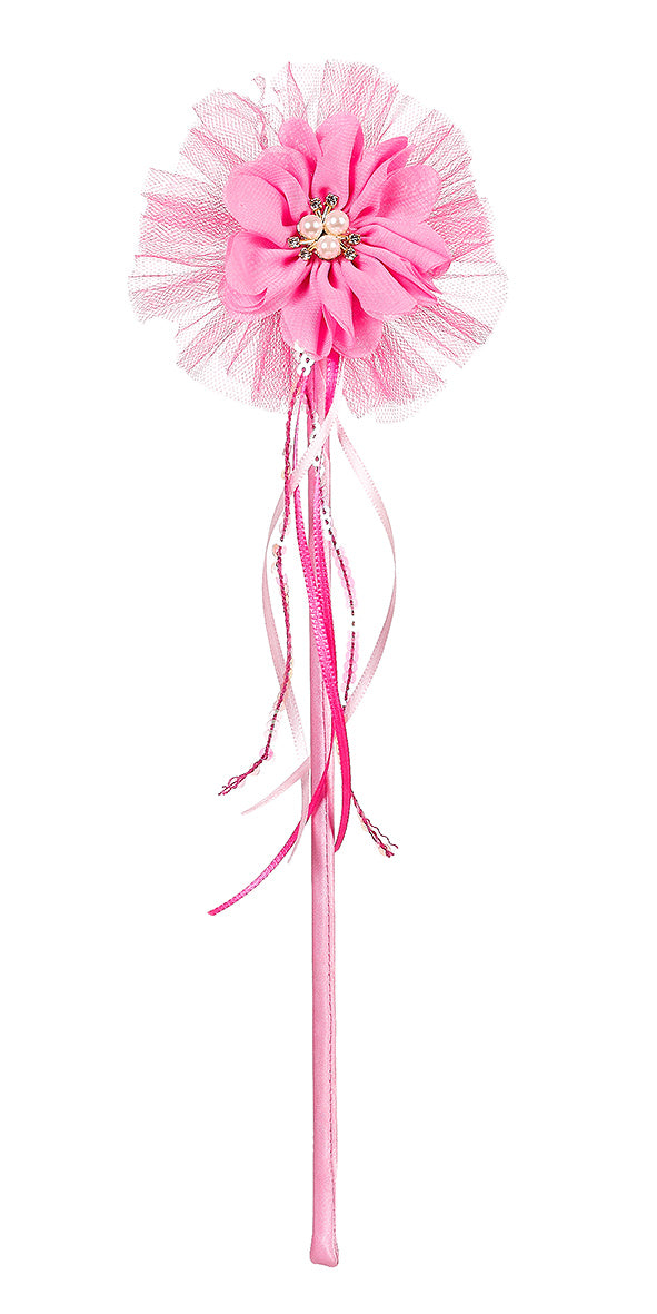 Pink flower wand with tulle and decorative elements on a white background