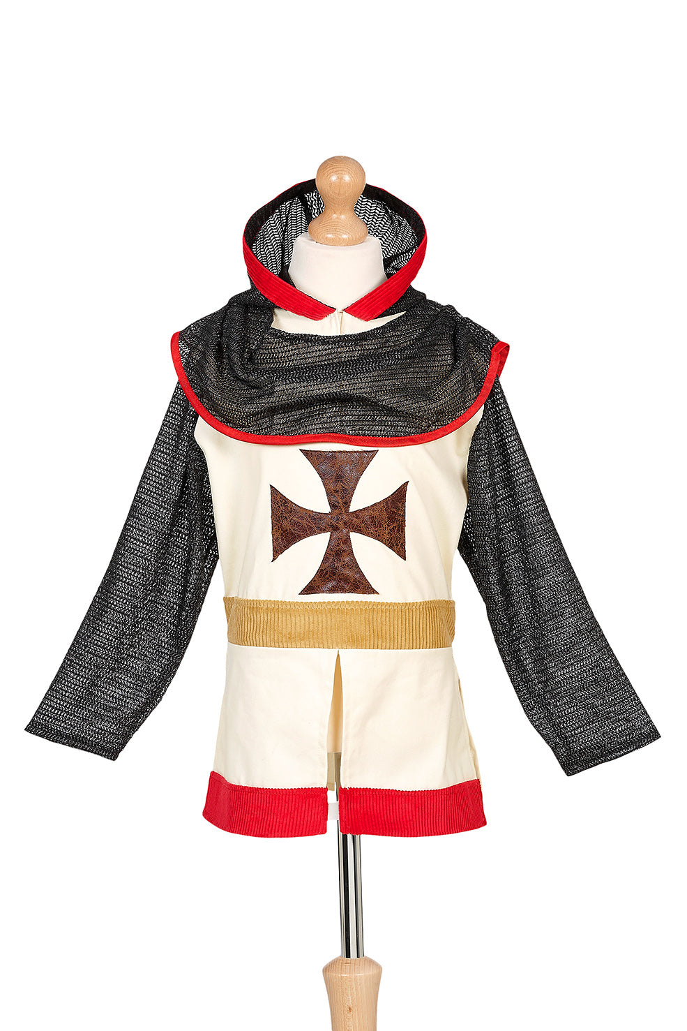 Mannequin wearing a medieval knight costume with chainmail, white tunic, and red accents by Souza!