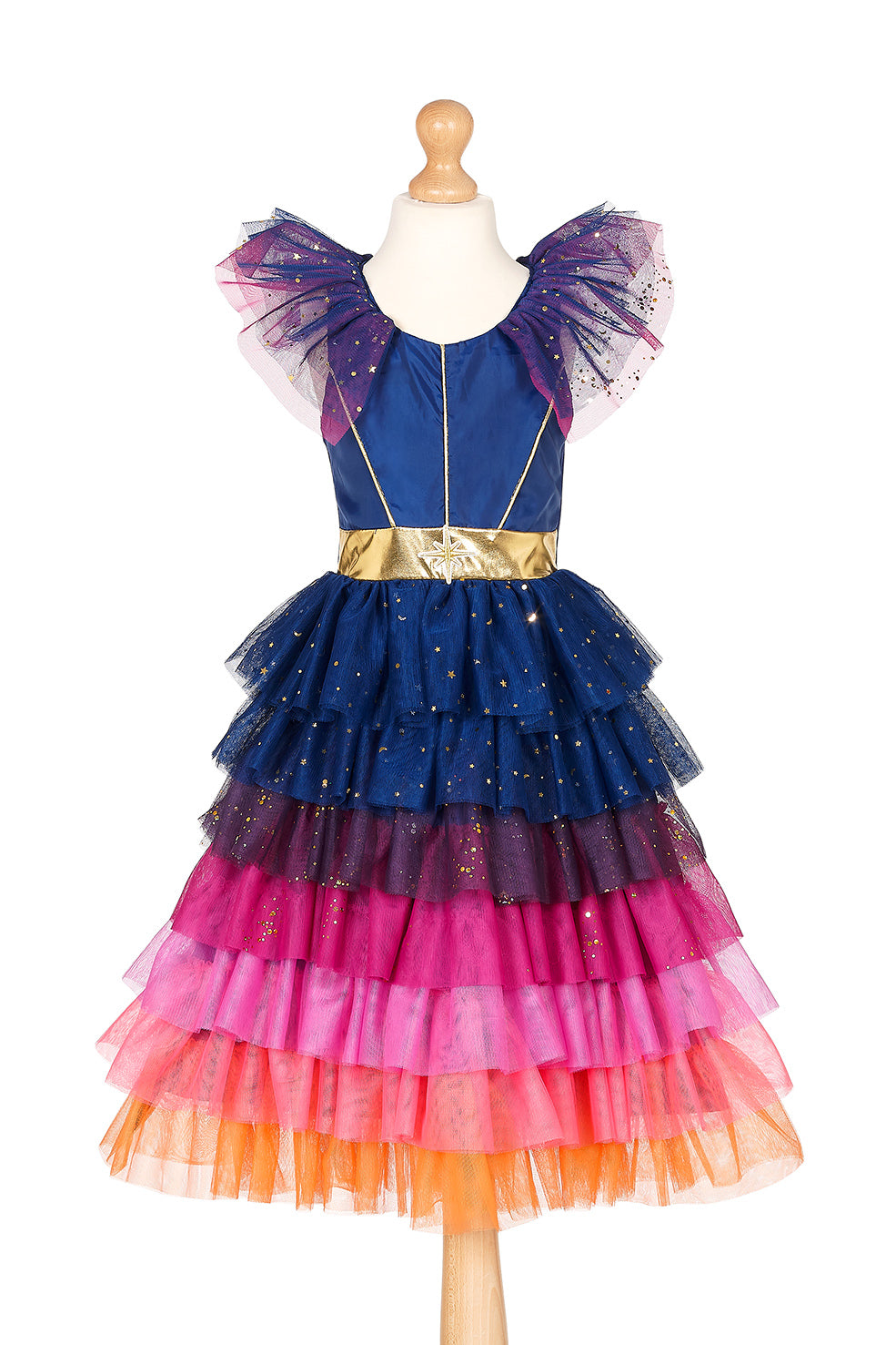 Colorful tiered dress on a mannequin with a white background