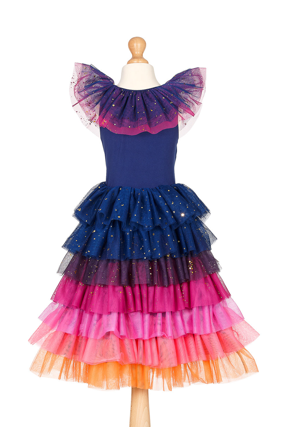 Colorful dress with ruffled layers on a mannequin against a white background