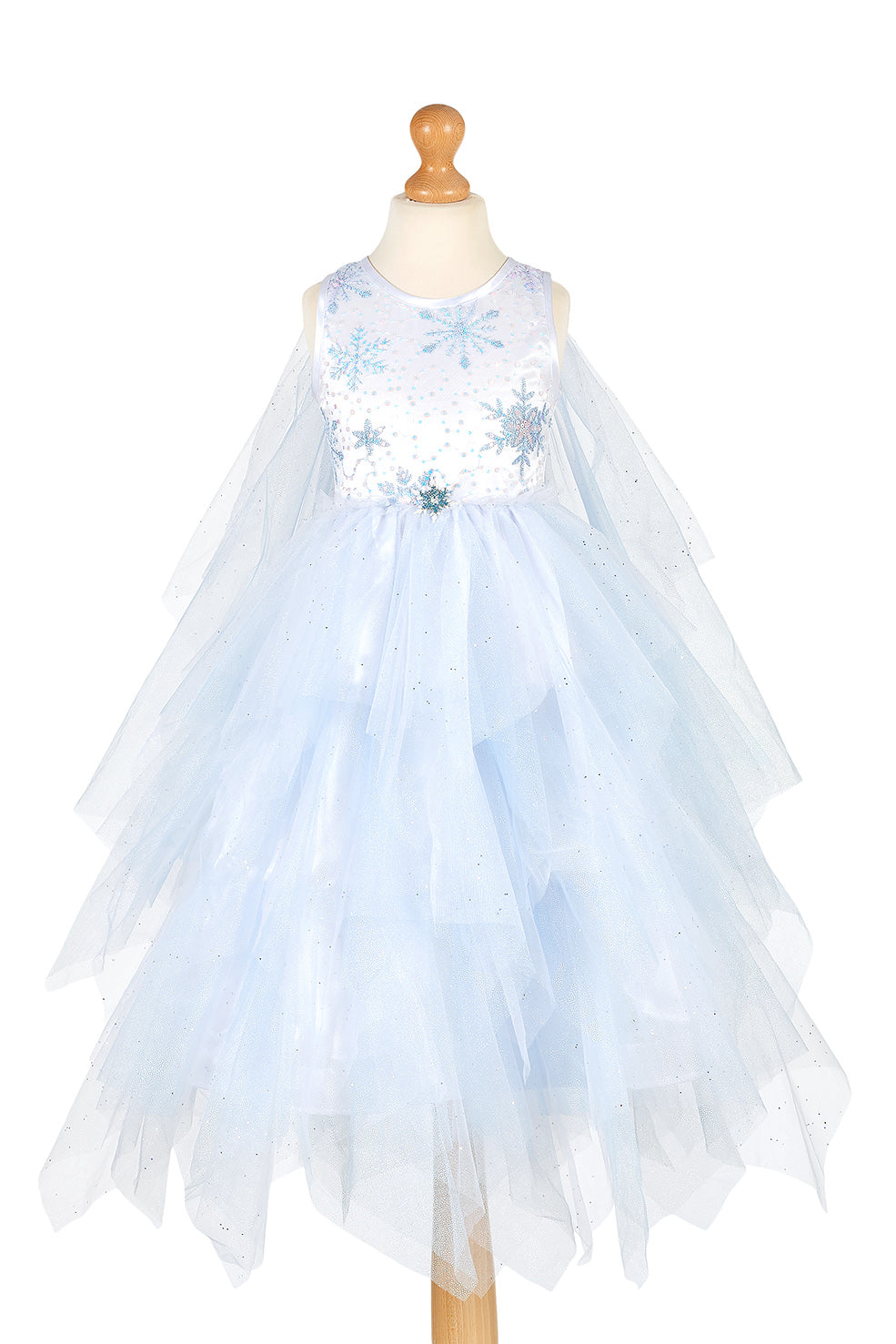 Light blue fairy dress with snowflake patterns on a mannequin against a white background