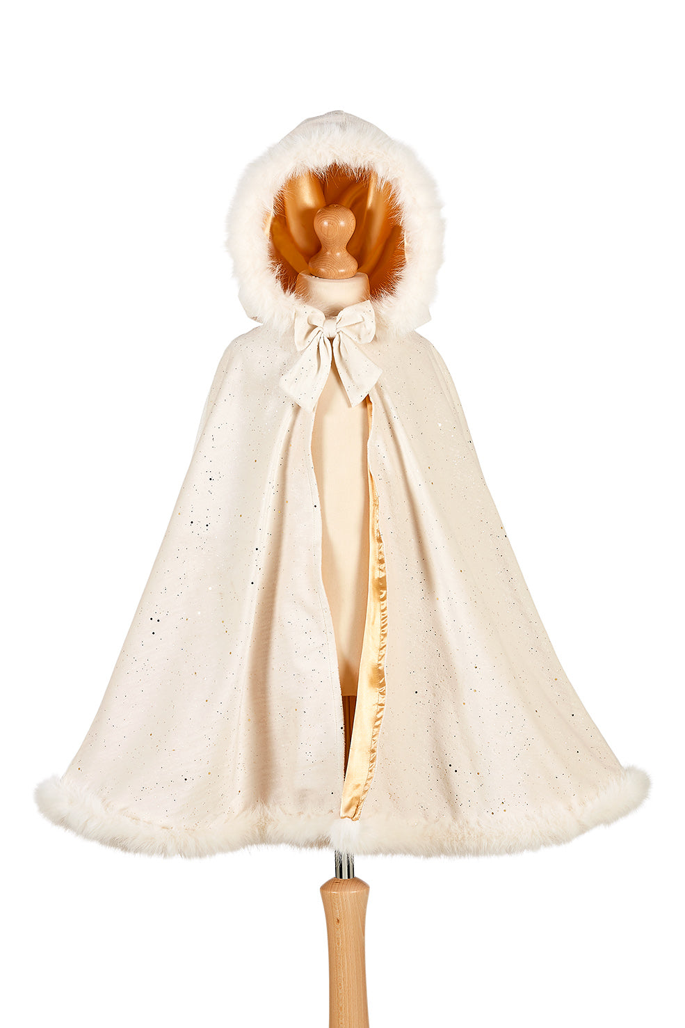 White hooded cape with fur trim on a mannequin against a white background
