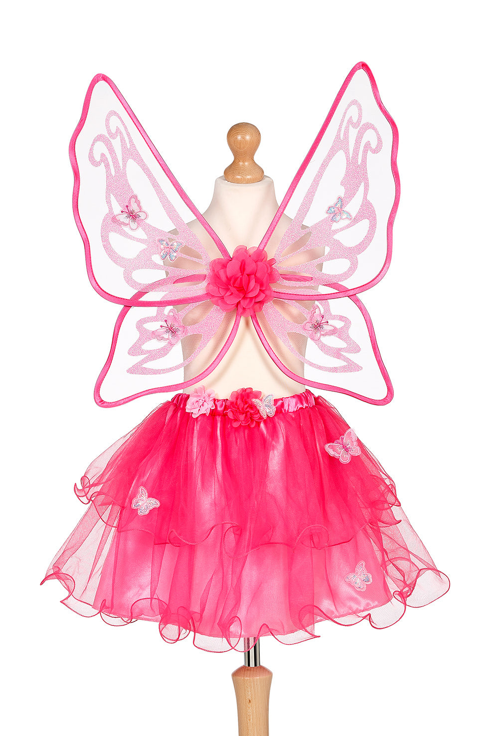 Pink fairy costume with wings on a mannequin against a white background