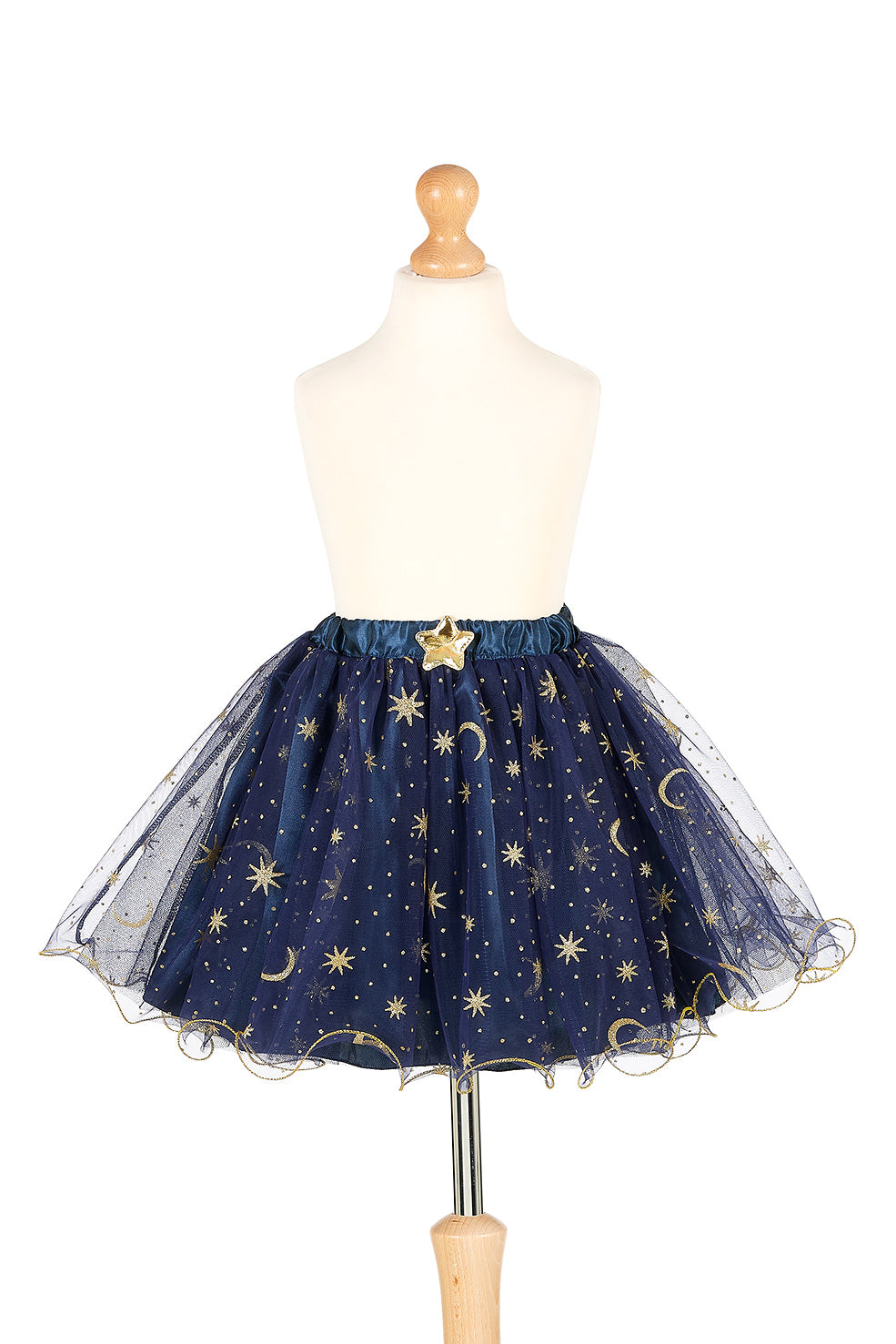 Navy blue tutu skirt with gold star and moon patterns on a mannequin against a white background