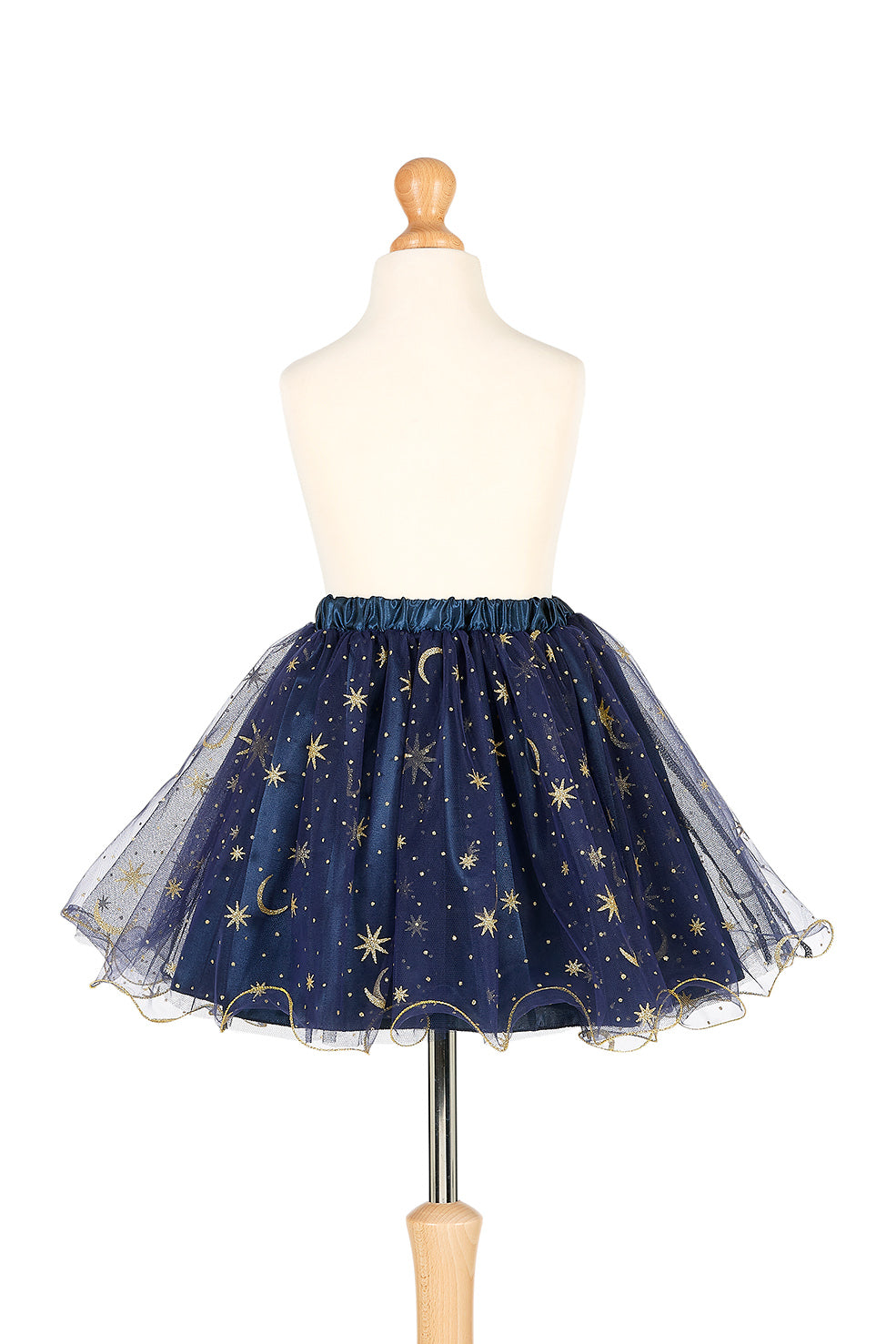 Navy blue skirt with star and moon pattern on a mannequin against a white background