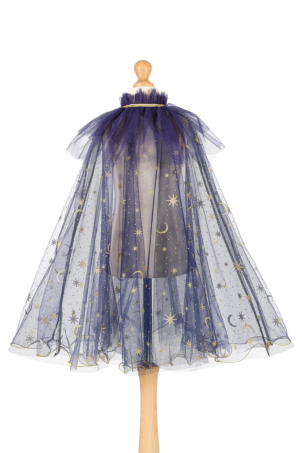 Navy blue tulle skirt with gold star and moon patterns on a mannequin against a white background