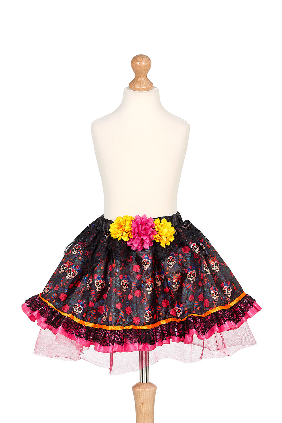 Skirt with skull and flower pattern on a mannequin against a white background for Día de Muertos