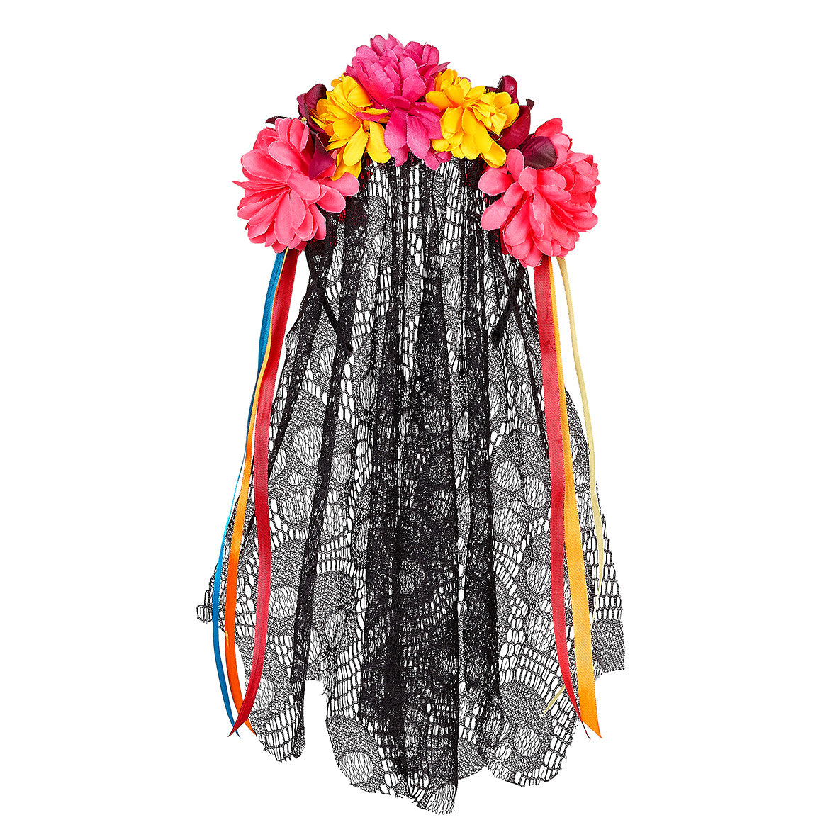 Black lace headband with colorful flowers and ribbons on a white background