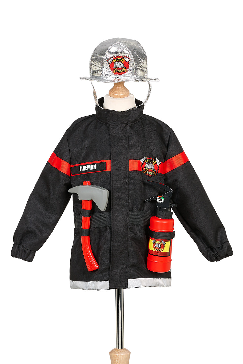 Children's fireman costume with jacket, helmet, and accessories by Souza!