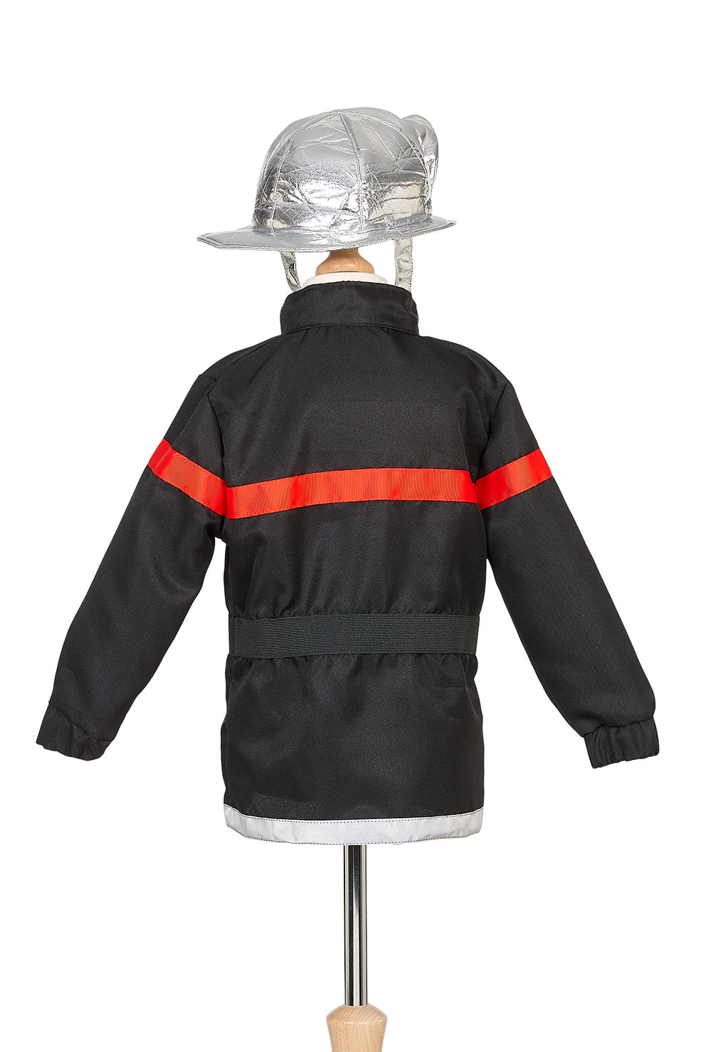 Black fire jacket with red stripes on a mannequin against a white background