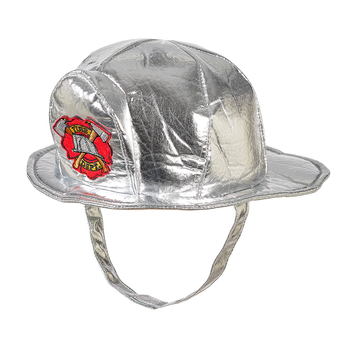 Silver fire helmet with a red and yellow emblem on a white background