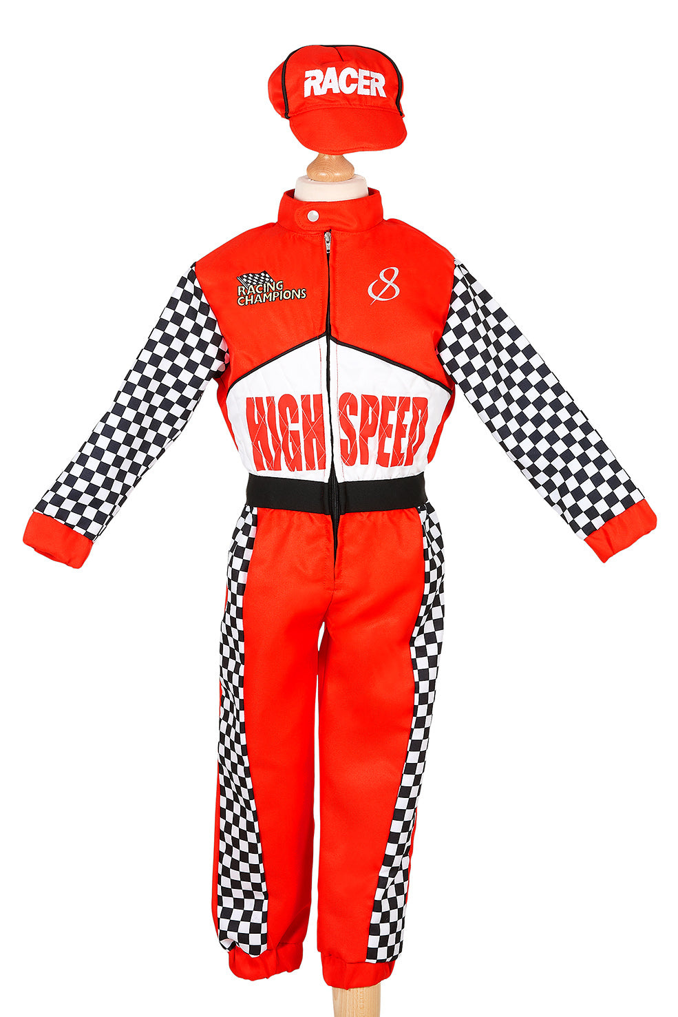Children's racing suit with red and black checkered pattern on a white background