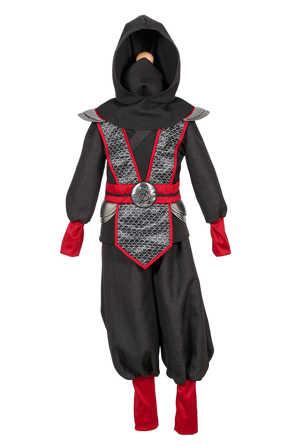 Ninja costume with black and red details on a white background