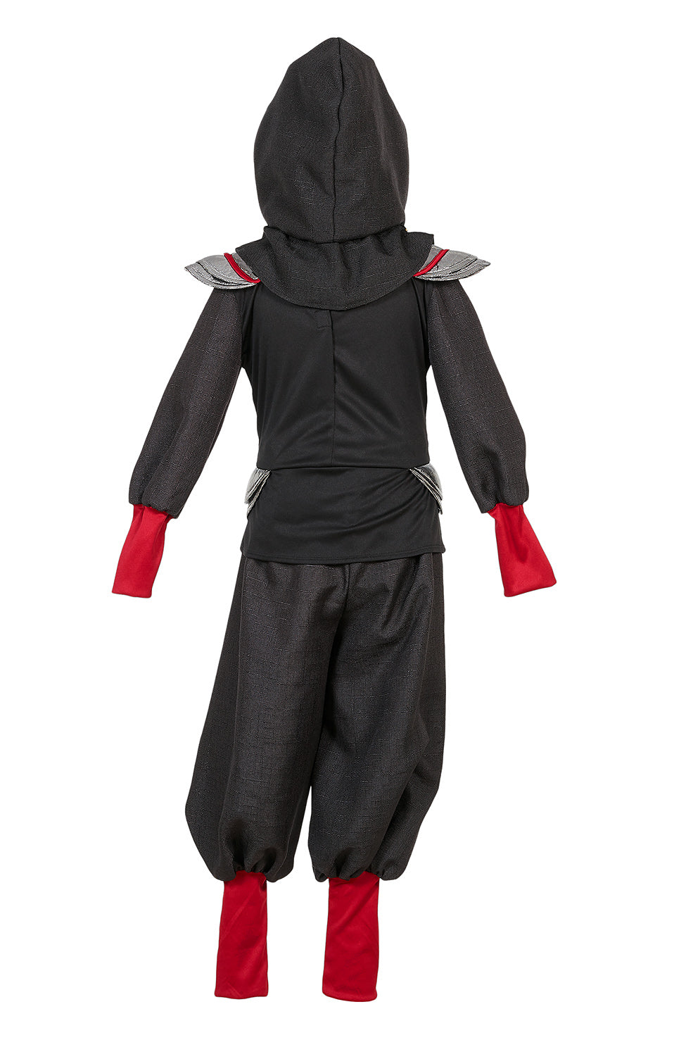 Backside of black and red ninja costume on a white background