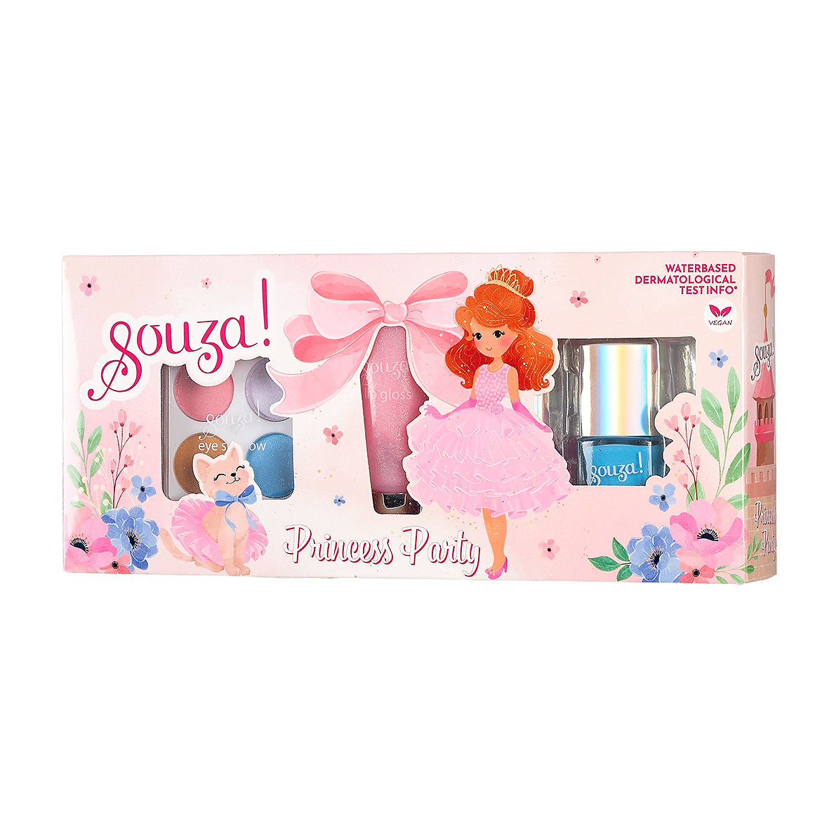 Souza! Princess Party makeup set packaging with a princess doll illustration on a pink background.