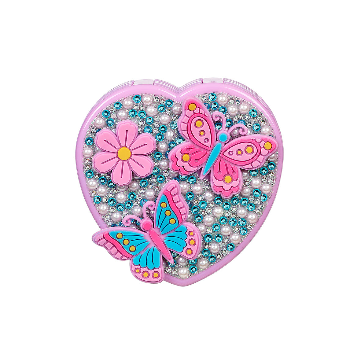 Heart-shaped decorative item with pink and blue butterflies and flowers on a white background by Souza!