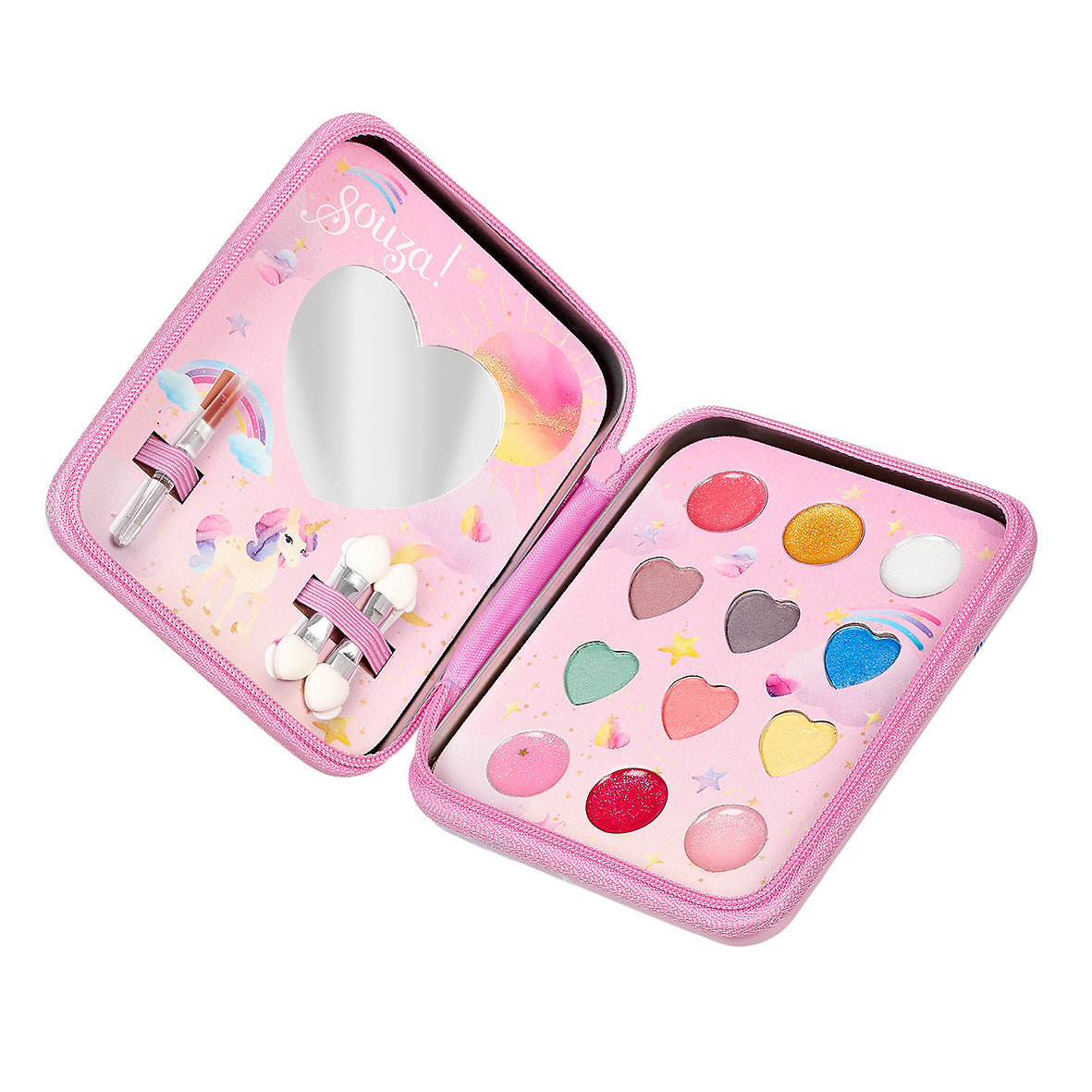 Pink makeup set with heart-shaped mirror and colorful items on a white background by Souza!