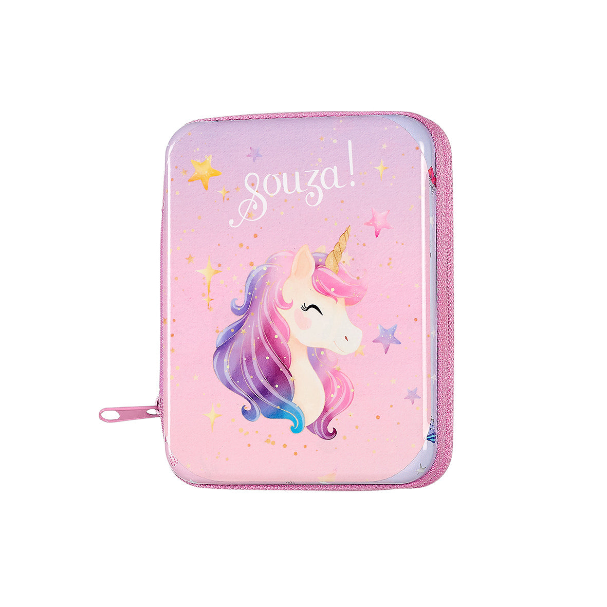 Pink pencil case with unicorn design and 'Souza!' branding on a white background