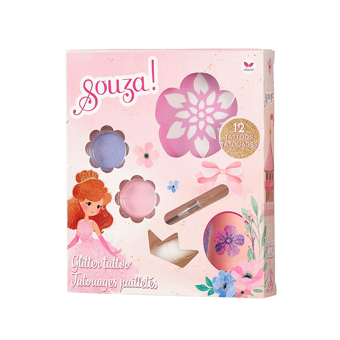 Souza glitter tattoo set packaging with a princess design on a pink background