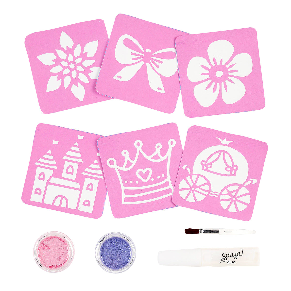 Set of pink stencils with princess-themed designs on a white background, featuring glitter and a brush by Souza!
