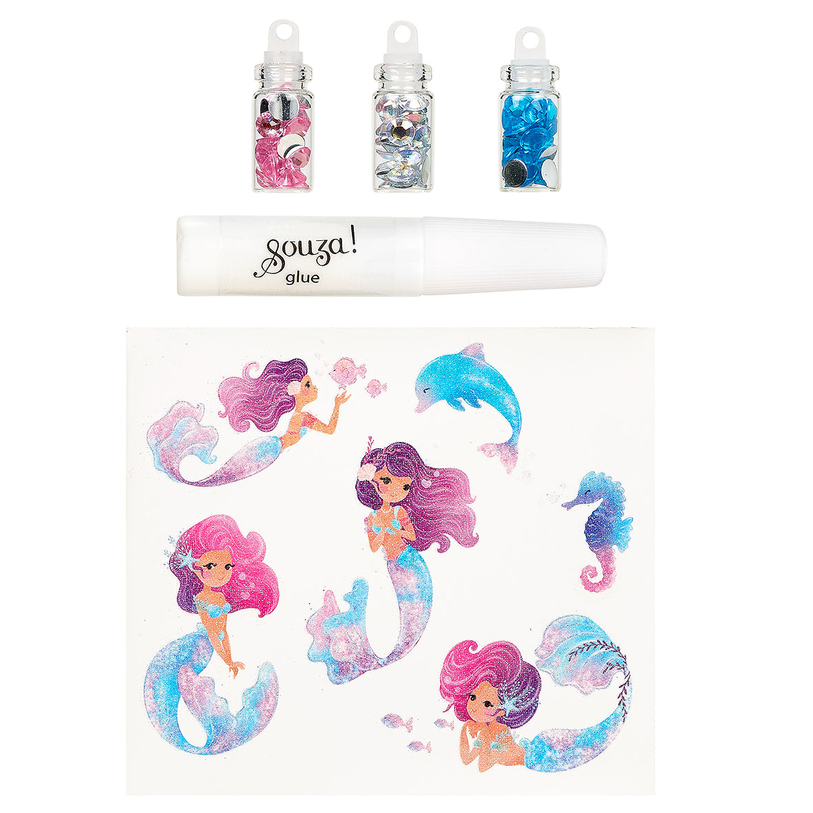 Mermaid-themed stickers with glue stick on a white background by Souza!