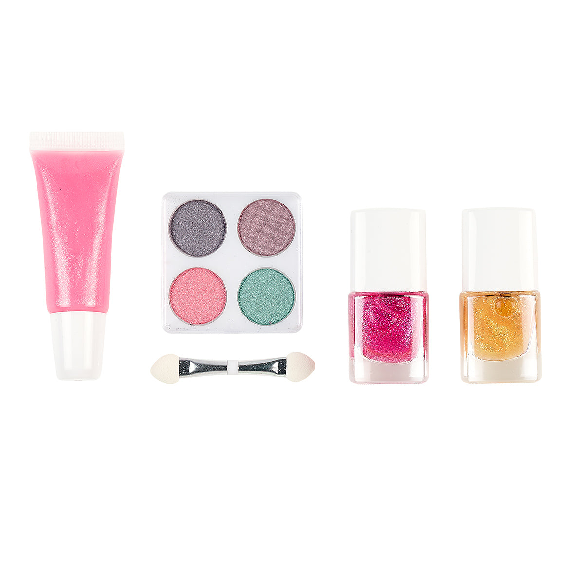 Set of makeup products including a pink lip gloss, eyeshadow palette, and nail polishes