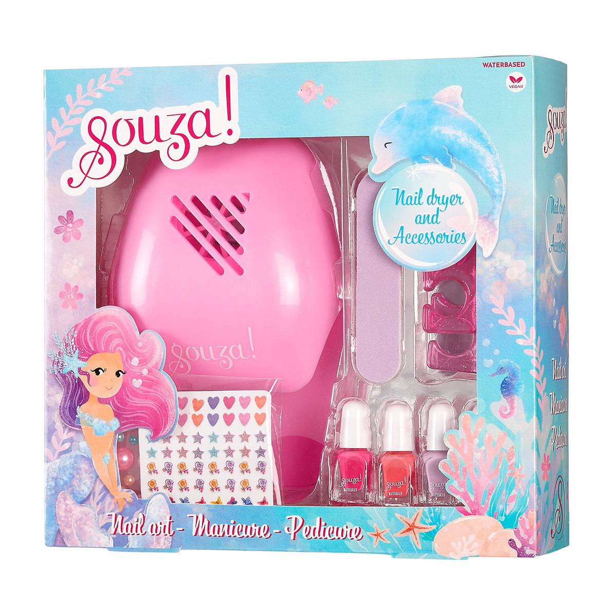 Souza! nail dryer and accessories set packaging with pink nail dryer and nail polish bottles.