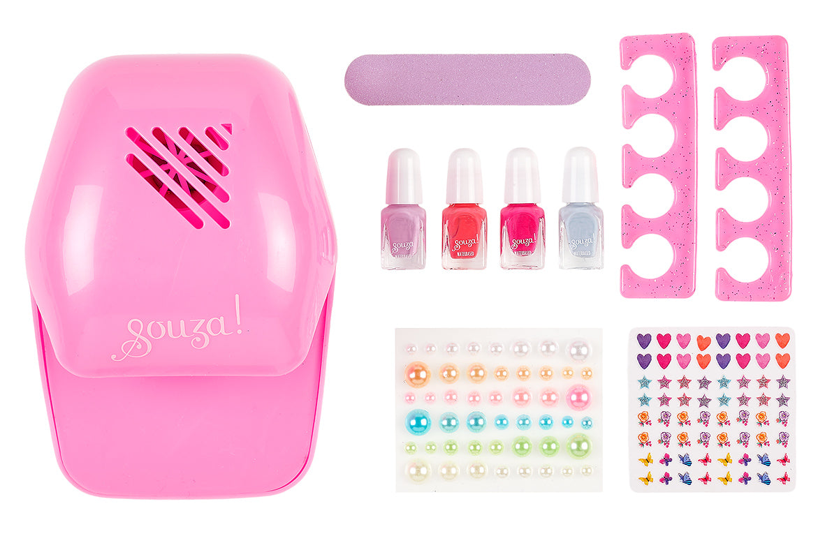 Pink nail art tool set with nail polish, stickers, and other accessories by Souza!