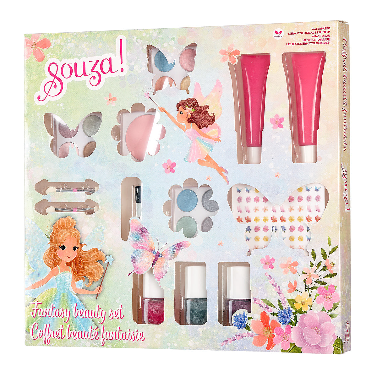 Souza! Fairy fantasy beauty set packaging with fairy illustrations and cosmetic items.
