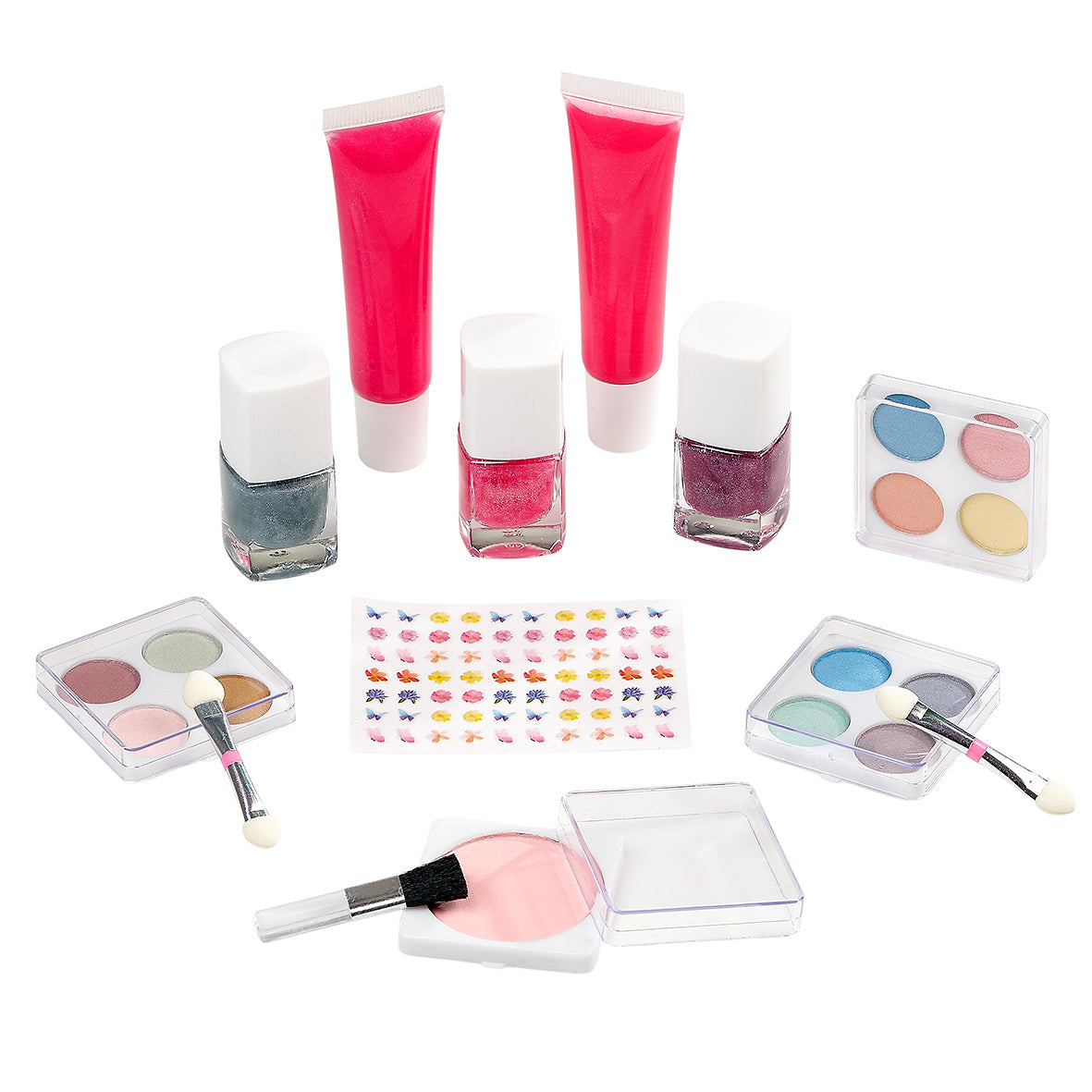 Collection of makeup products including lip gloss, nail polish, and face palette by Souza!