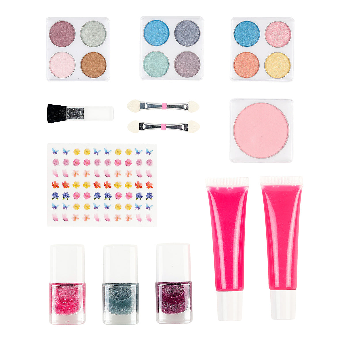 Collection of makeup products including eyeshadow palettes, lip glosses, and nail polishes by Souza!