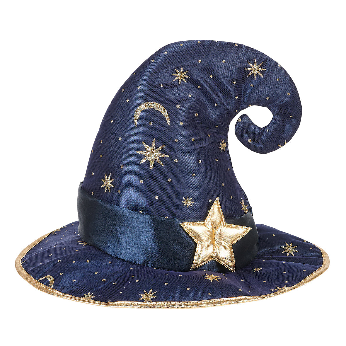 Blue wizard hat with gold stars and moon on a white background