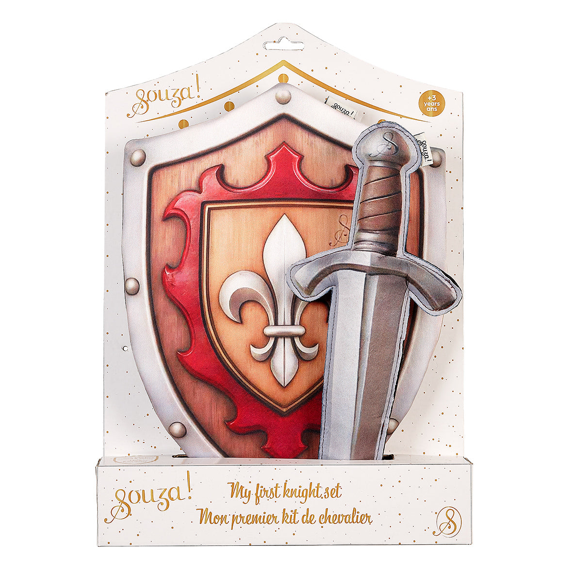 Toy sword and shield set in packaging with 'souza!' branding