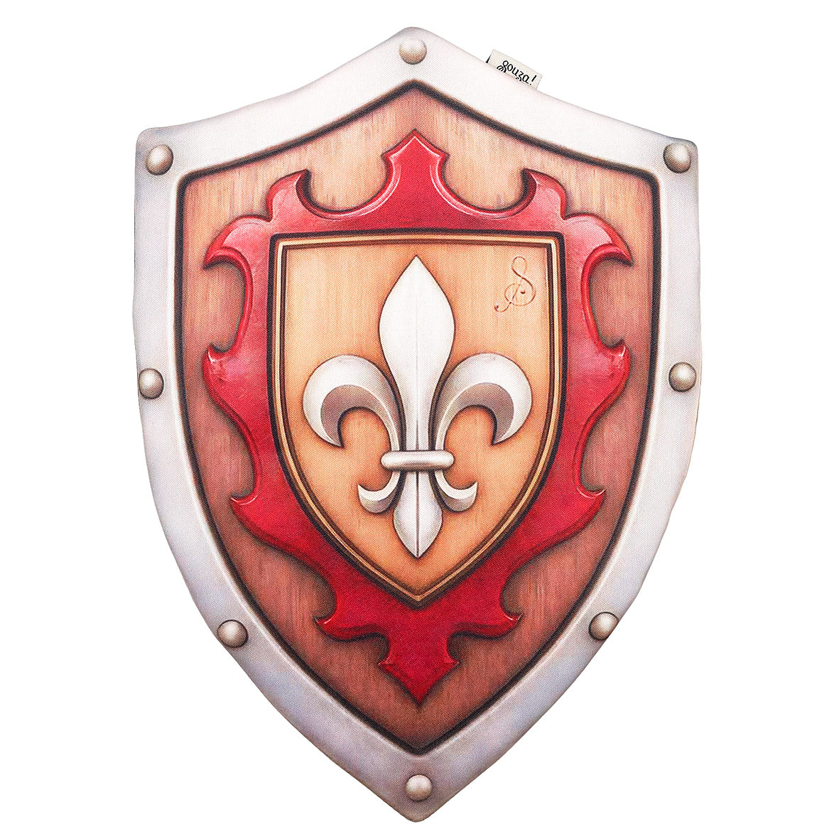 Decorative shield with red and gold design on a white background