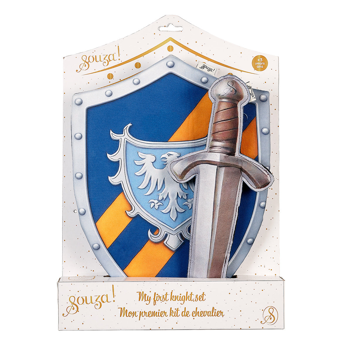 Toy sword and shield set in packaging with 'Souza!' branding on a white background