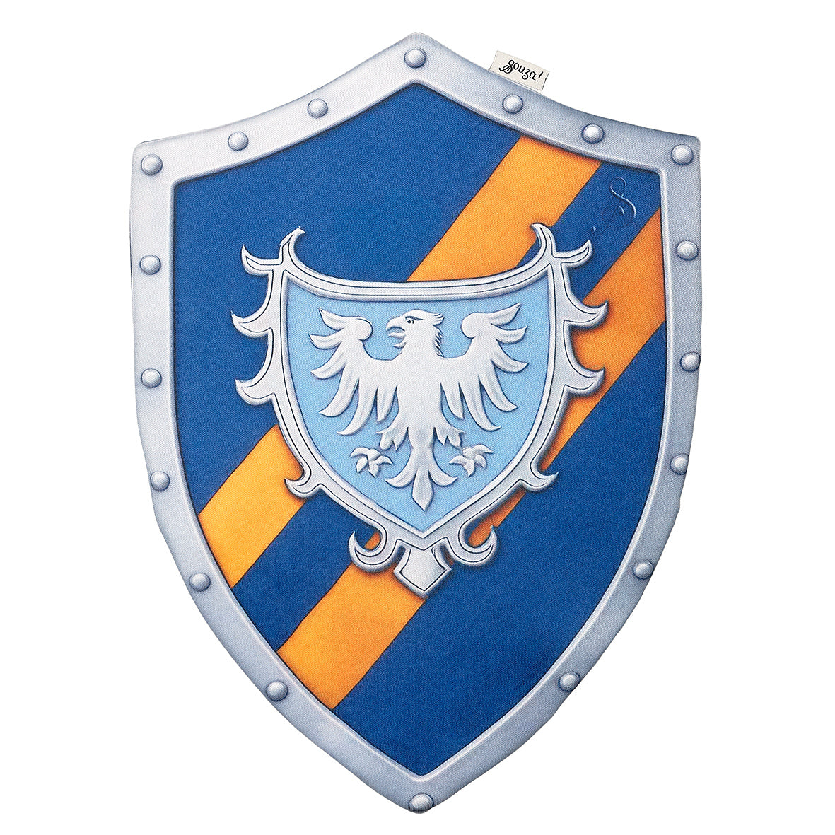 Shield with blue and orange stripes and a white emblem on a white background