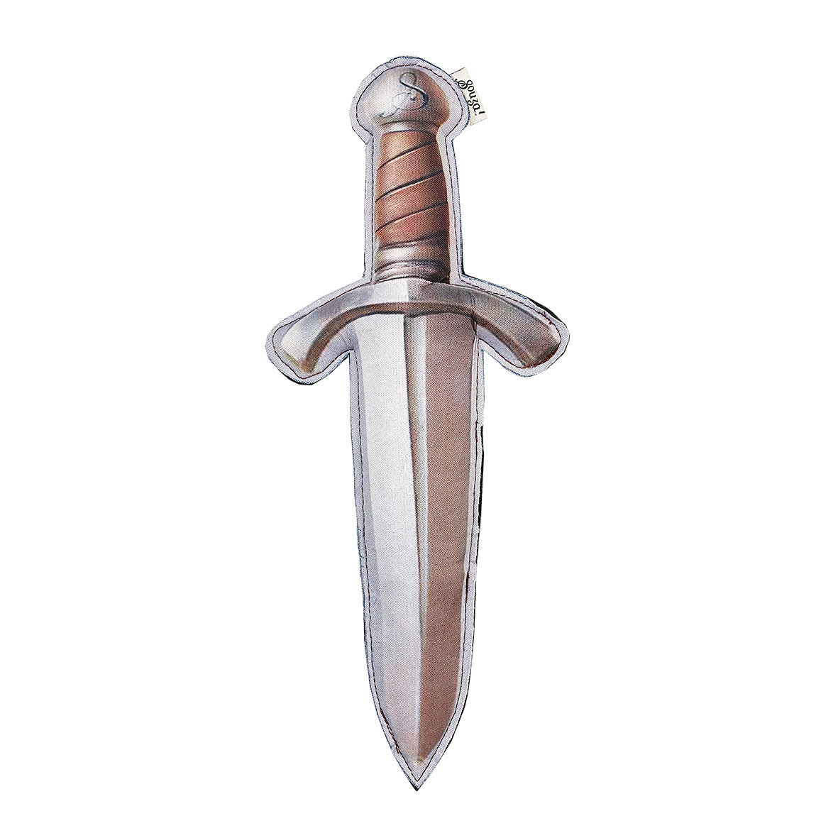 Decorative dagger-shaped pillow with wooden handle on a white background