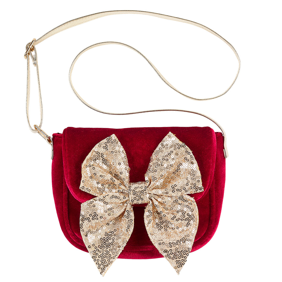 Red handbag with a large sequin bow by Souza!