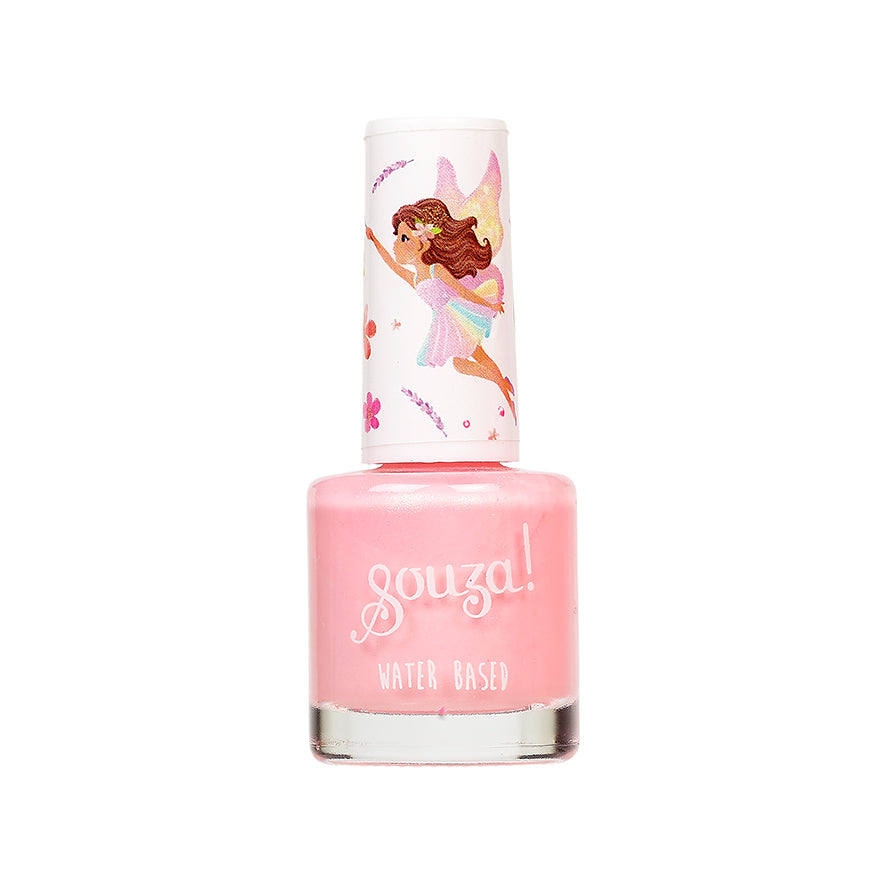 Pink nail polish bottle with fairy design on cap against a white background