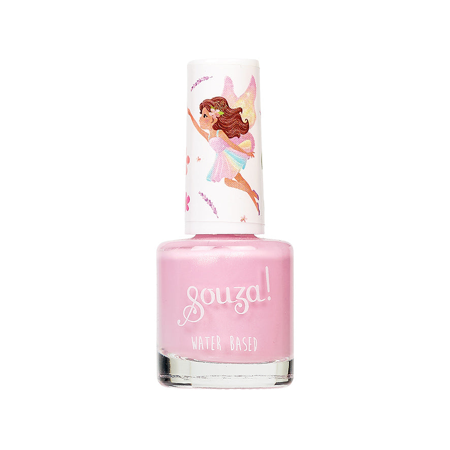 Pink nail polish bottle with fairy design on the cap against a white background