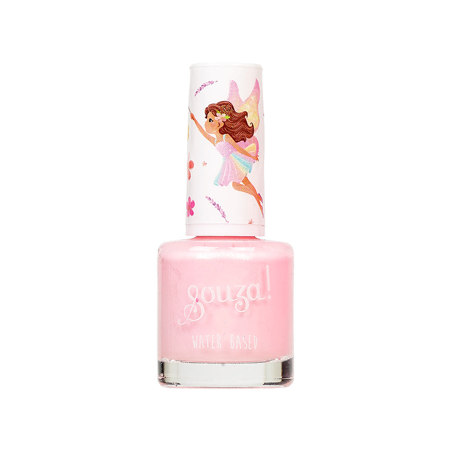 Pink nail polish bottle with fairy design on the cap against a white background