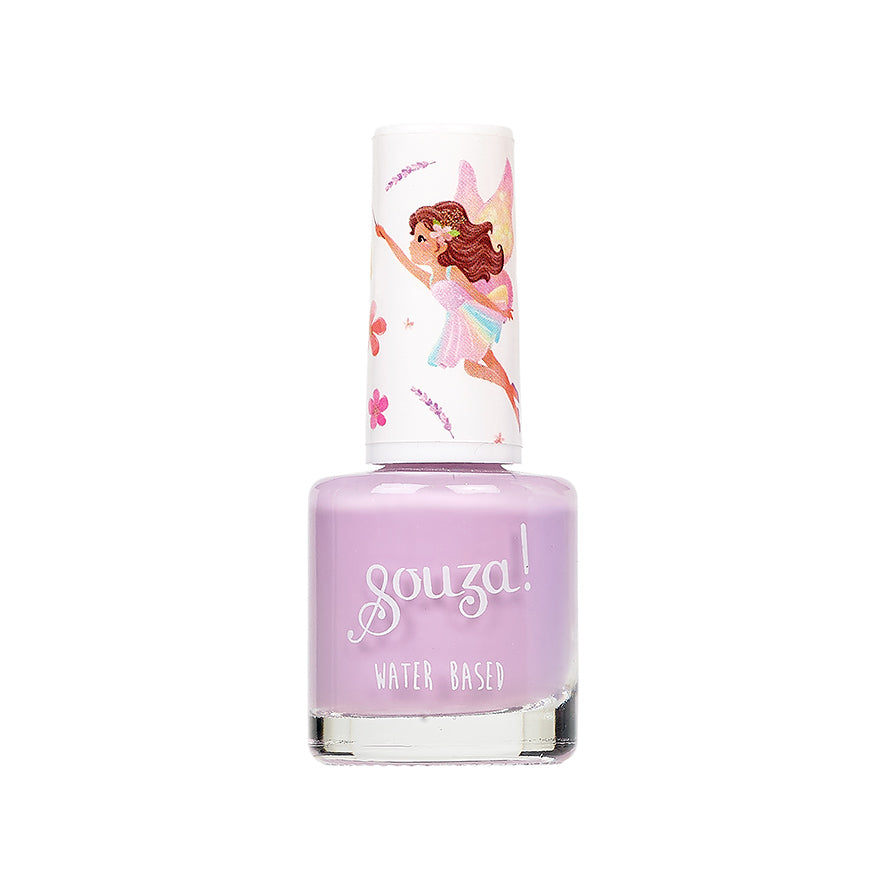 Purple nail polish bottle with fairy design on cap against a white background