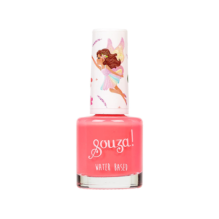 Pink nail polish bottle with fairy design on cap against a white background