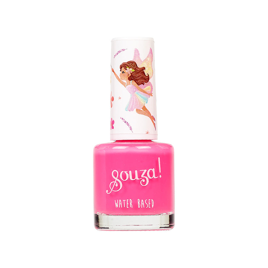Pink water-based nail polish bottle with a fairy design on the cap against a white background