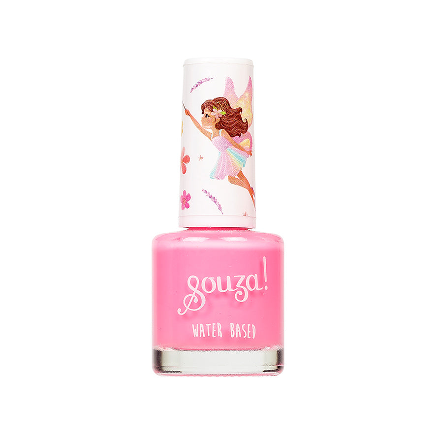 Pink nail polish bottle with fairy design on cap against a white background