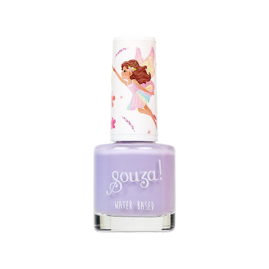 Purple nail polish bottle with fairy design on cap against a white background