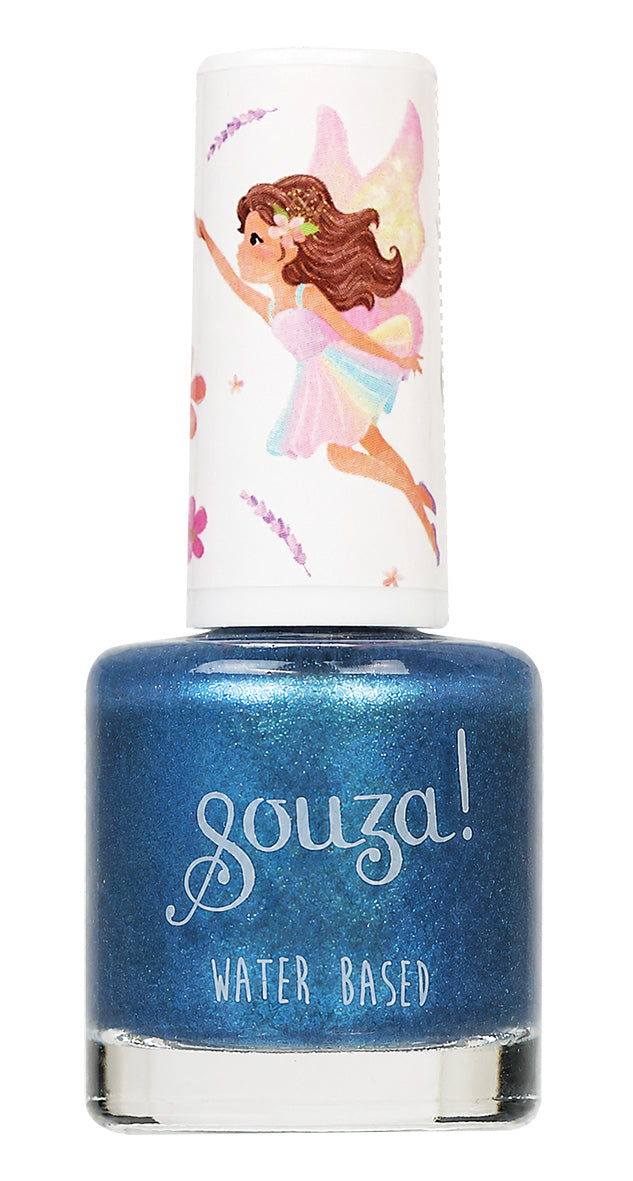 Blue water-based nail polish bottle with fairy design on cap