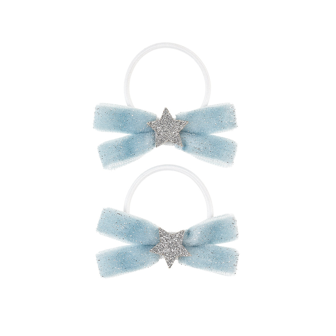 Two light blue hair bows with star-shaped centers on white background by Souza!
