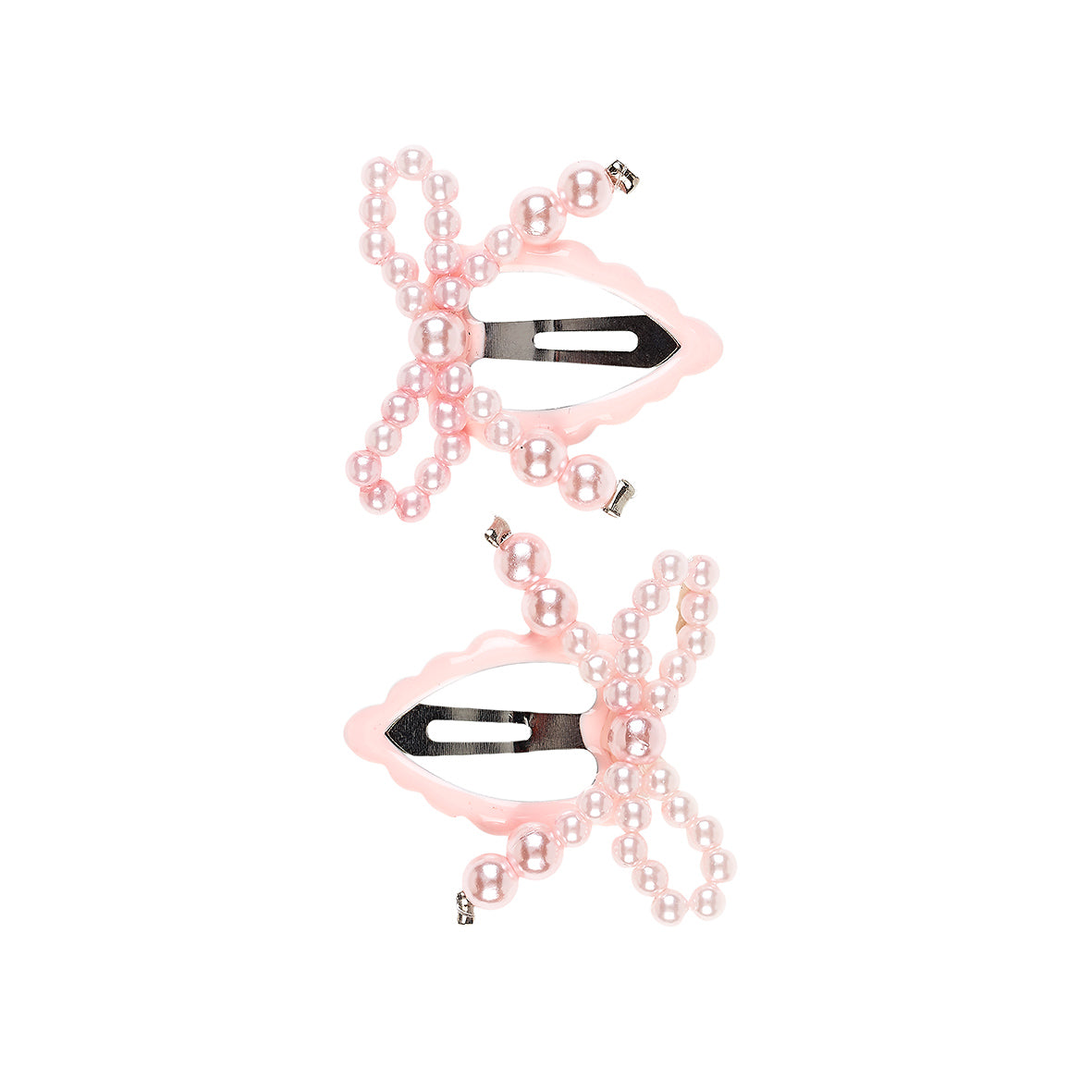 Two pink hair clips with chain attachments on a white background by Souza!