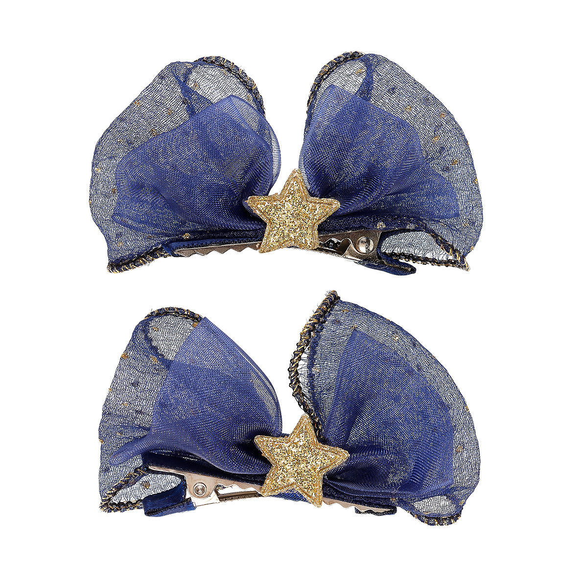 Two blue mesh hair bows with gold star centers on a white background by Souza!